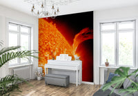 Large-scale red wall decor for dining space