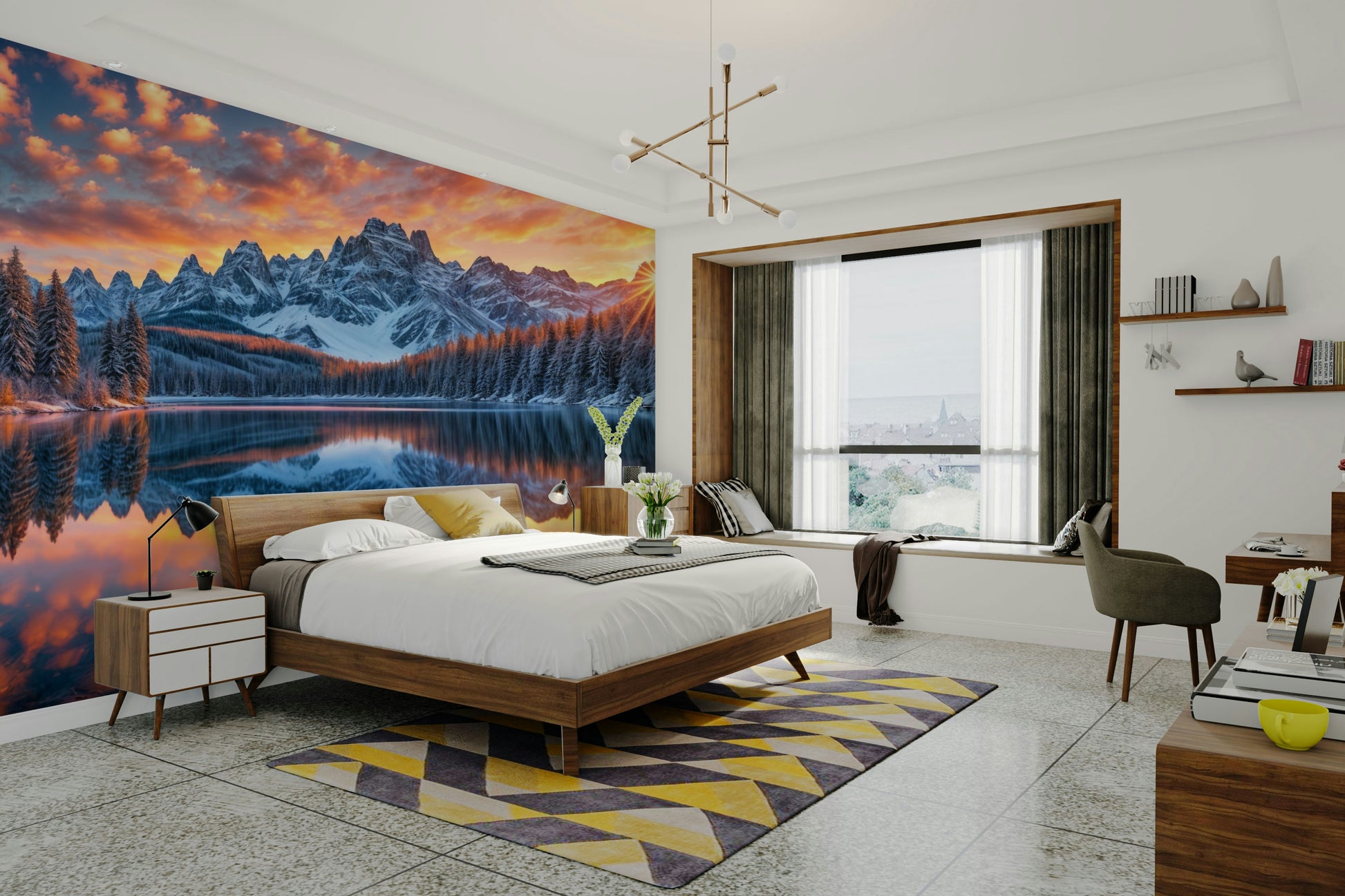 The wallpaper is installed in a formal, elegant living room.

