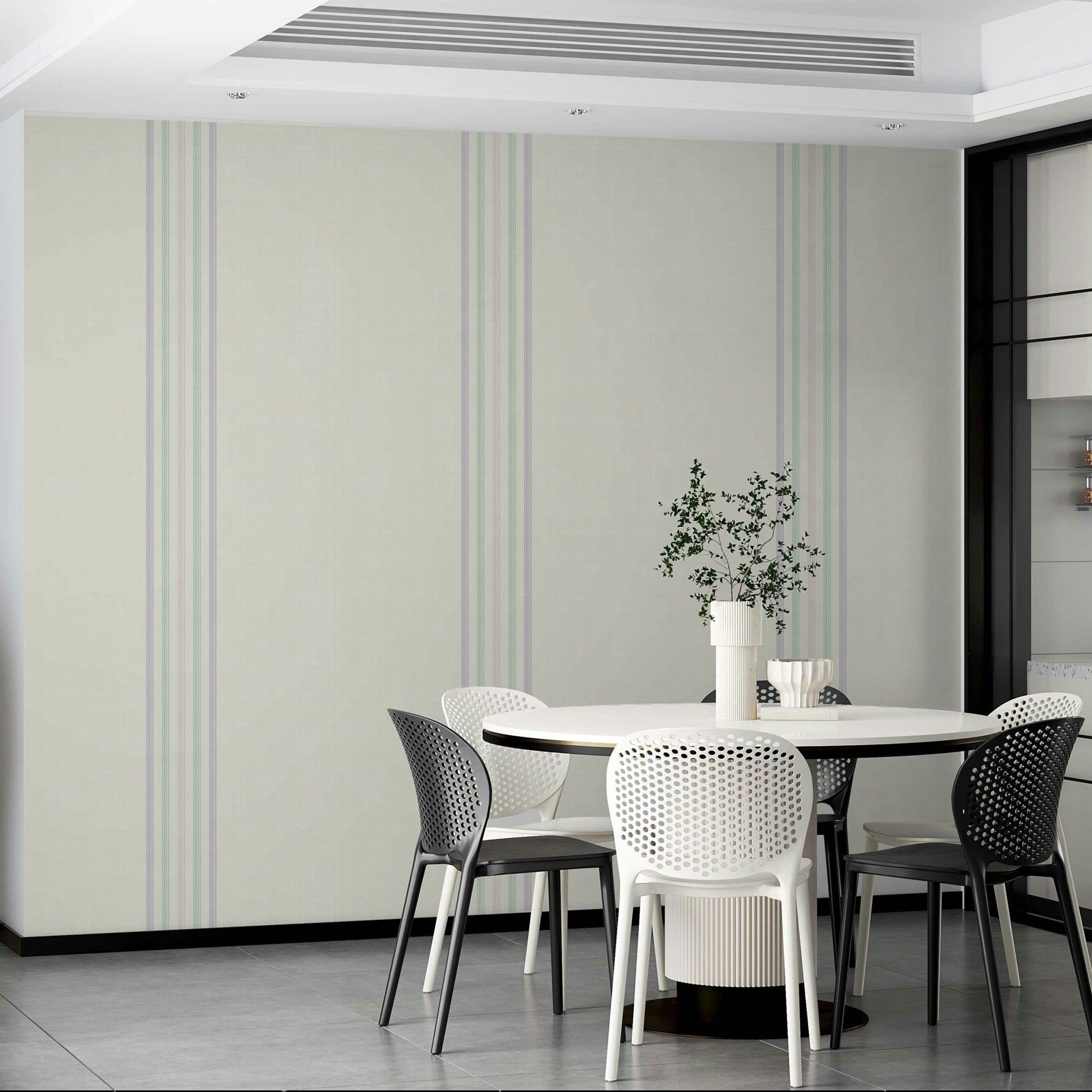 Fine stripe mural with playful pastel tones
