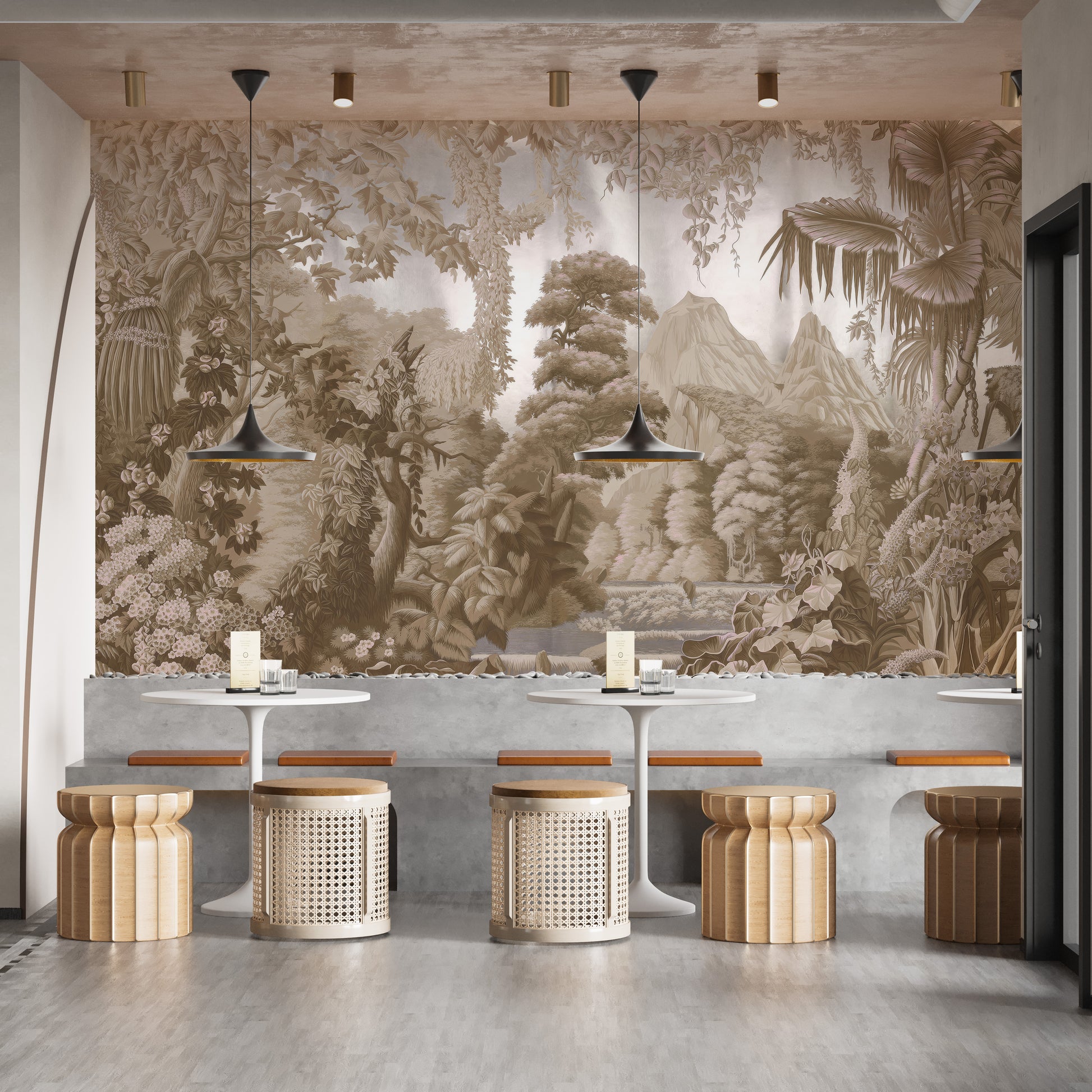 Exotic forest mural in sepia hues
