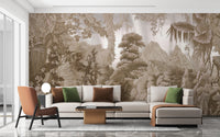 Vintage forest mural with sepia tones
