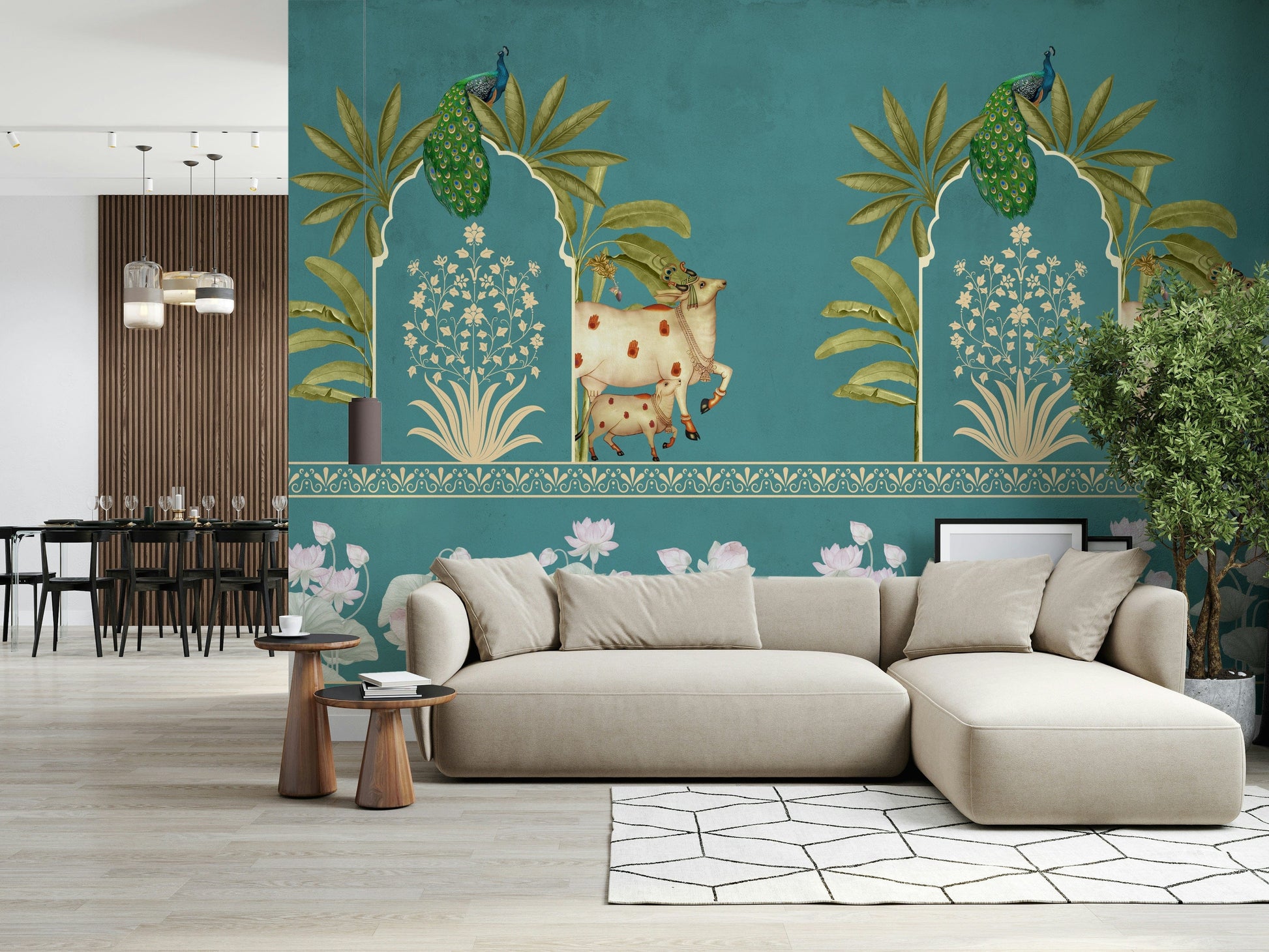 Dining room mural with pichwai-inspired art, aqua tones and neutral details, modern wall decor finish