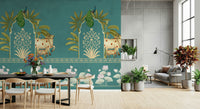 Firoza Pichwai wallpaper mural for lounge, detailed floral and lotus pattern in turquoise, feature wall use