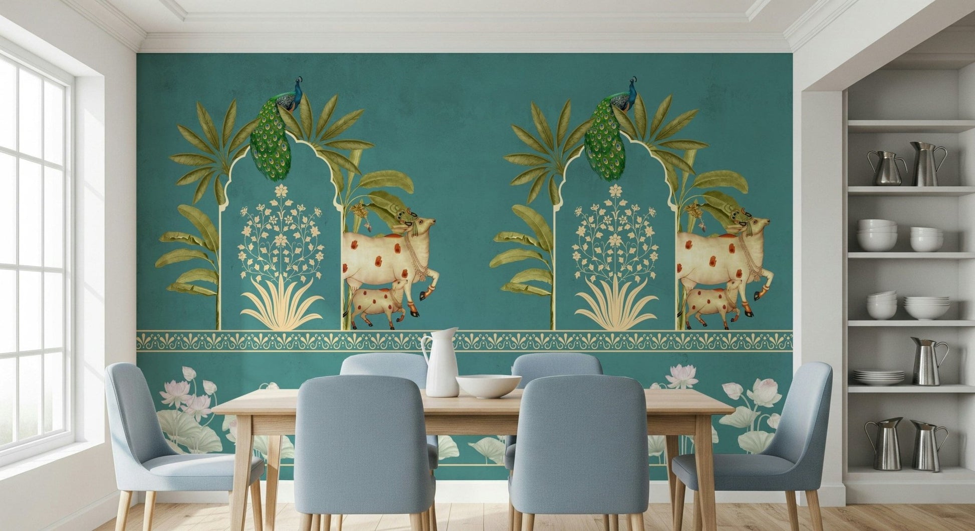 Bedroom headboard wall mural with pichwai-style design, aqua and ivory tones, modern relaxed look