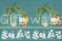 Entryway feature wall mural, Firoza Pichwai design in aqua and cream, modern wall decor for small spaces
