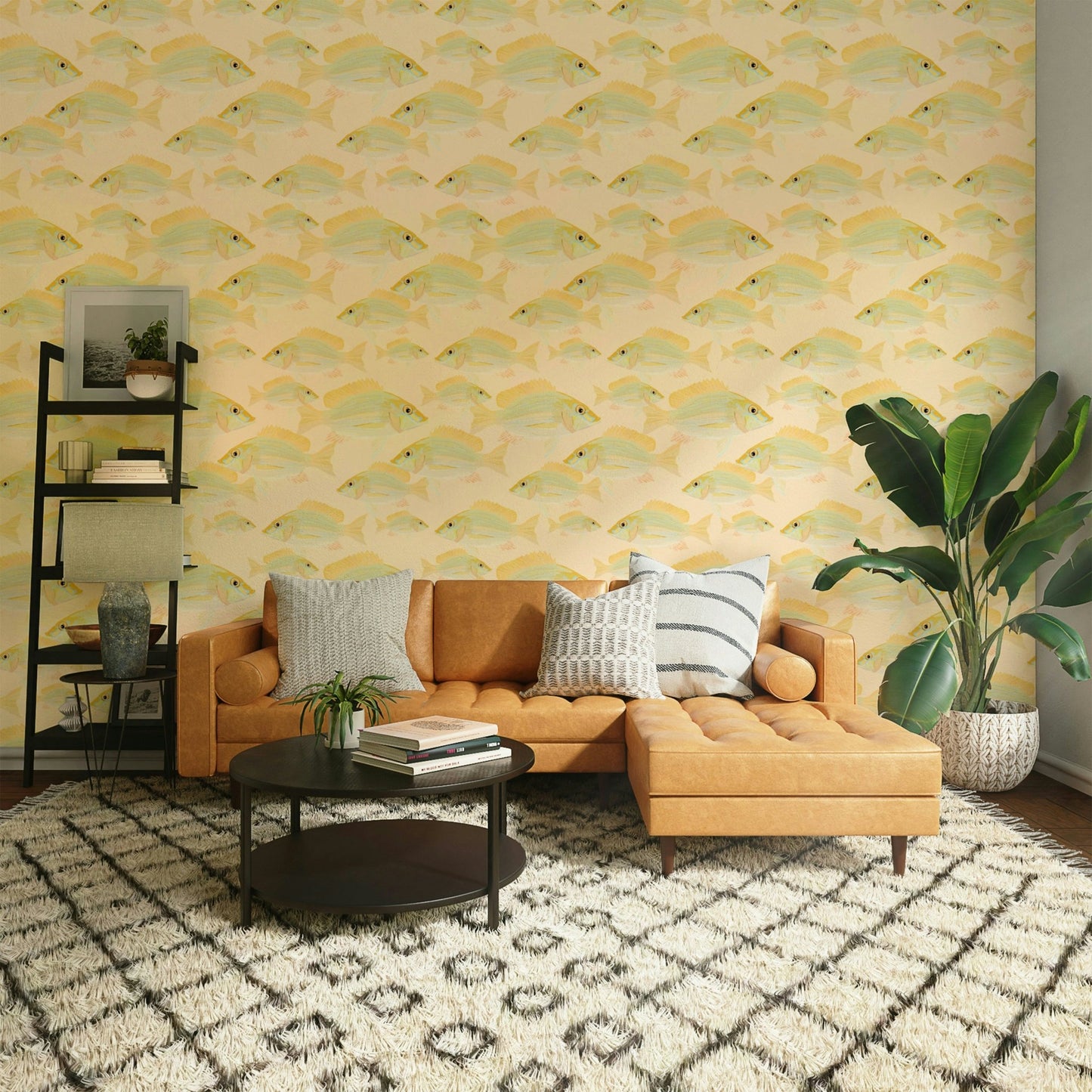 Fish line art pattern mural in soft tones

