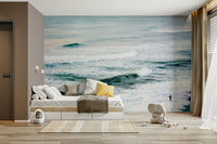 A graceful subtle sea view wall mural in cool, natural tones.

