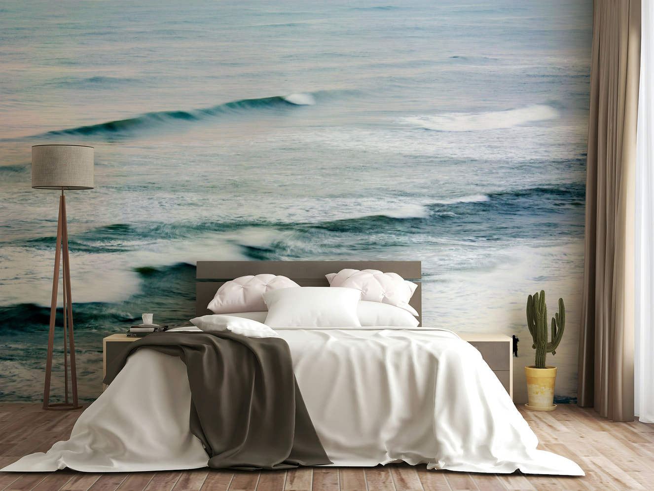 An artistic fisherman scene mural on minimalist wallpaper.


