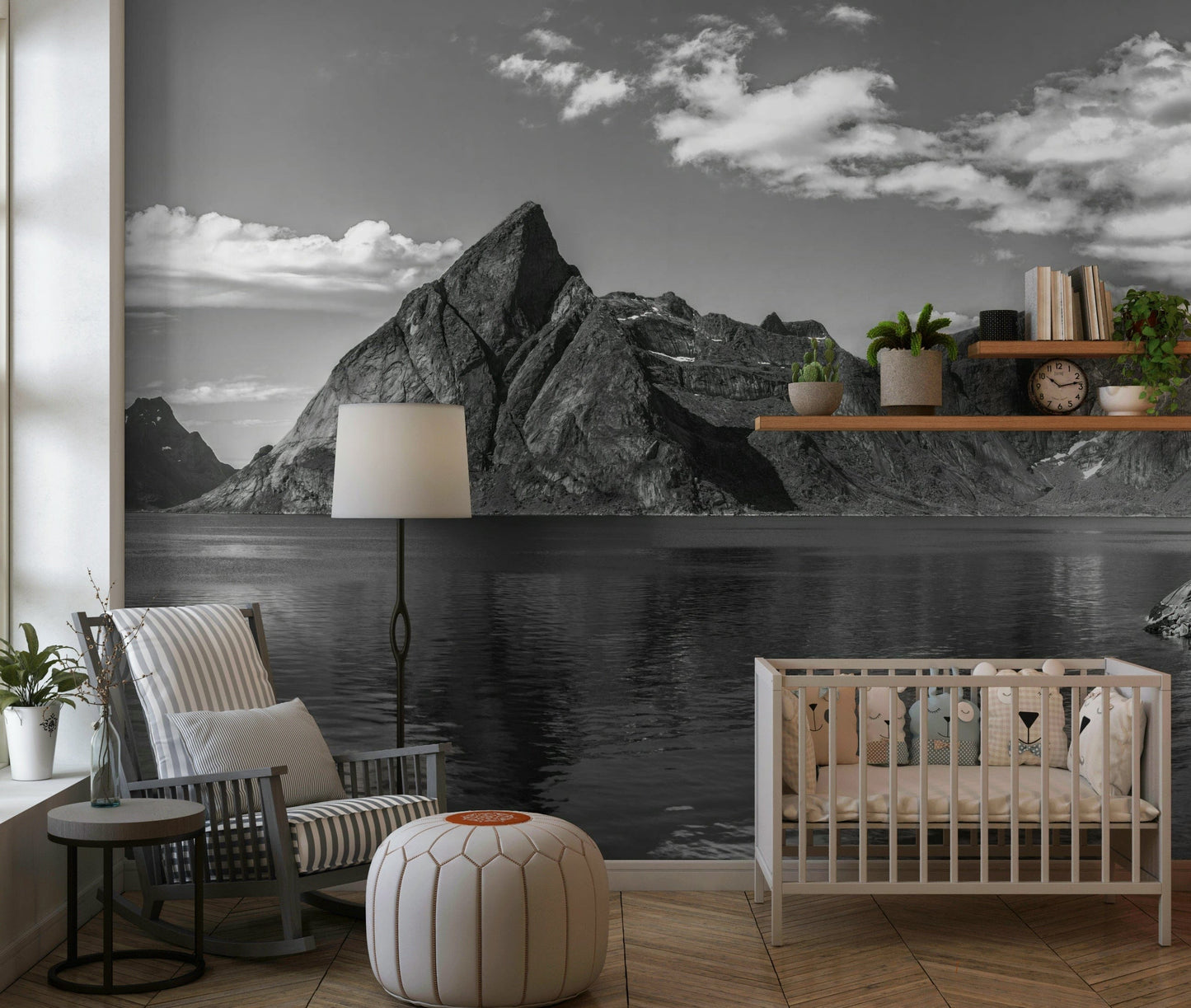 Scenic fjords wallpaper mural for hallway feature wall, muted color tones, clean modern design