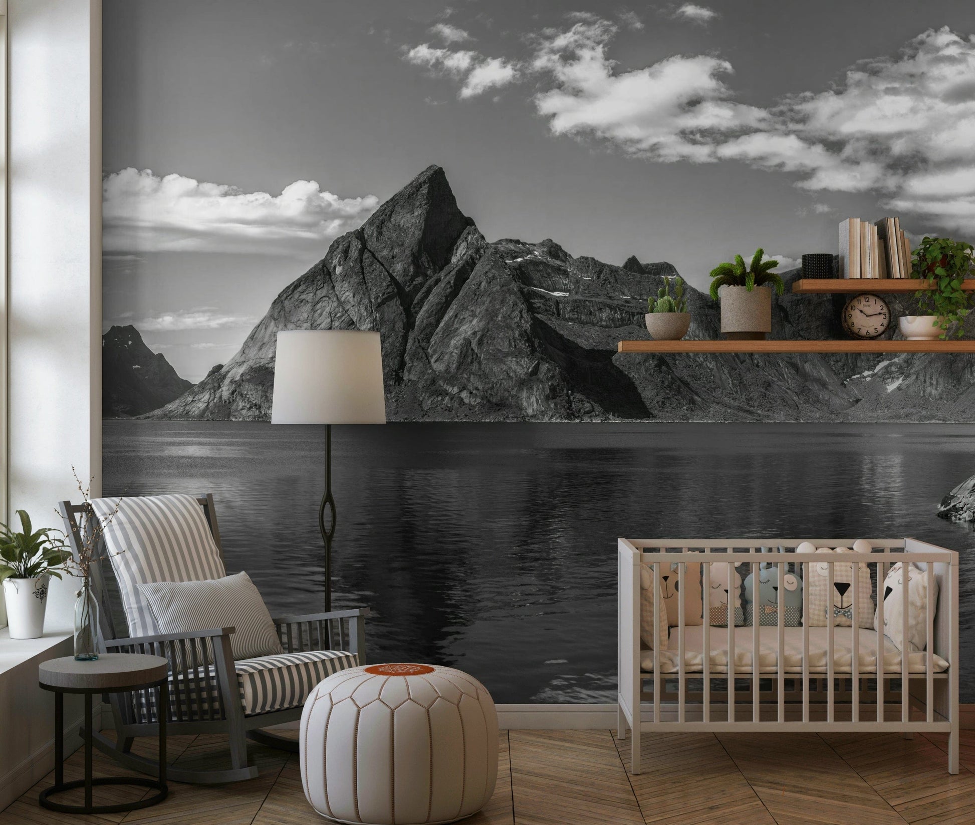 Scenic fjords wallpaper mural for hallway feature wall, muted color tones, clean modern design
