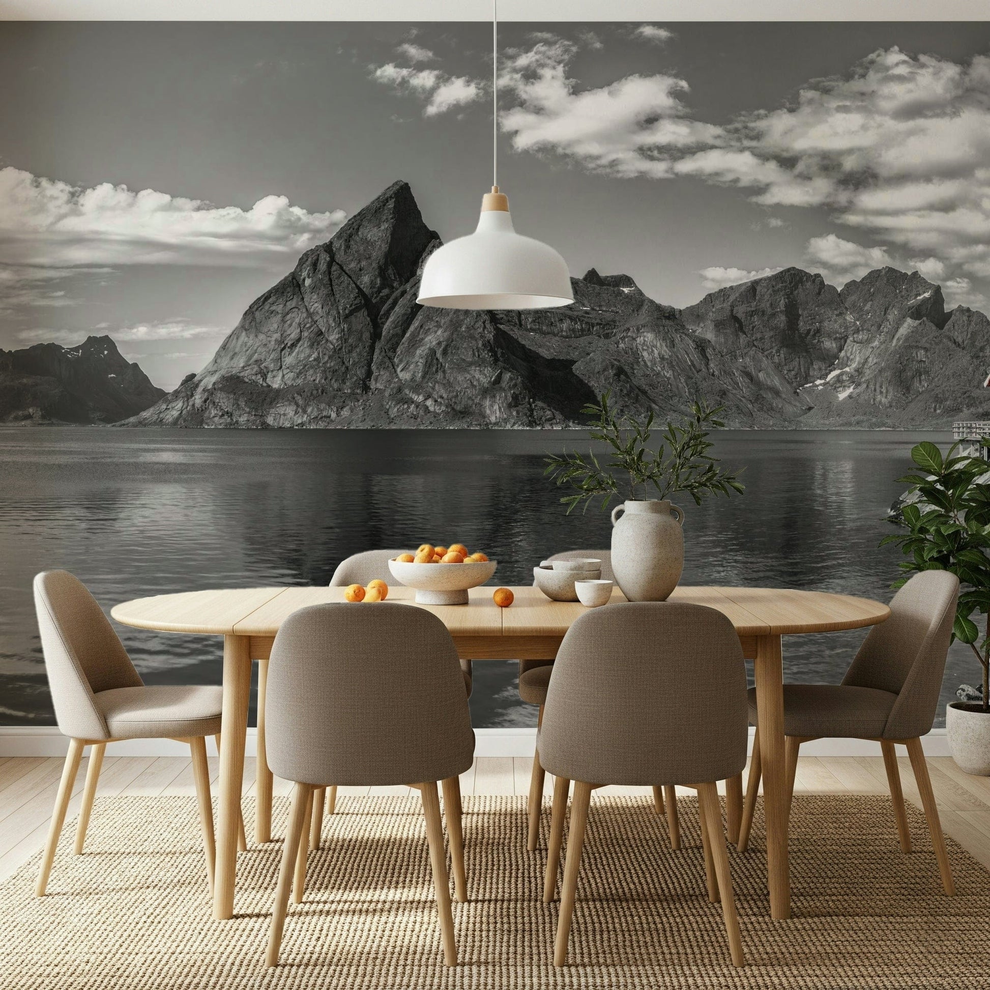 Living room wallpaper mural with Norwegian fjord coastline, cool color tones, modern wall decor