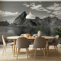 Living room wallpaper mural with Norwegian fjord coastline, cool color tones, modern wall decor