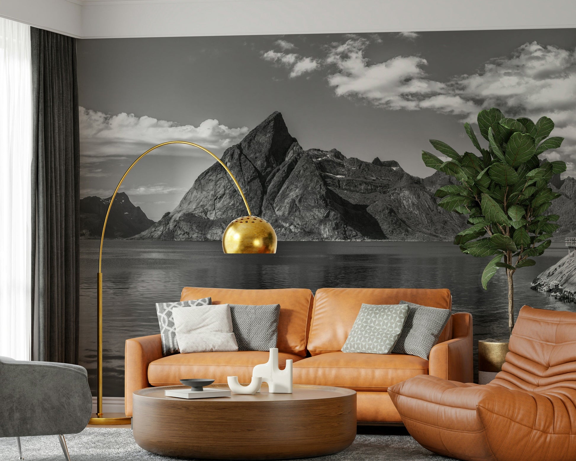 Dining room wall decor with fjord panorama mural, soft color shading, contemporary style