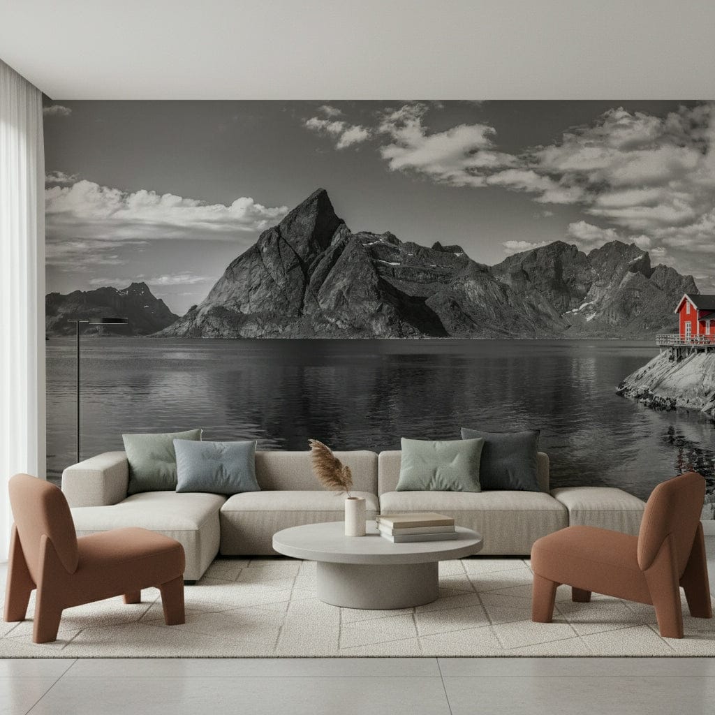 Scenic fjords wallpaper mural for hallway feature wall, muted color tones, clean modern design
