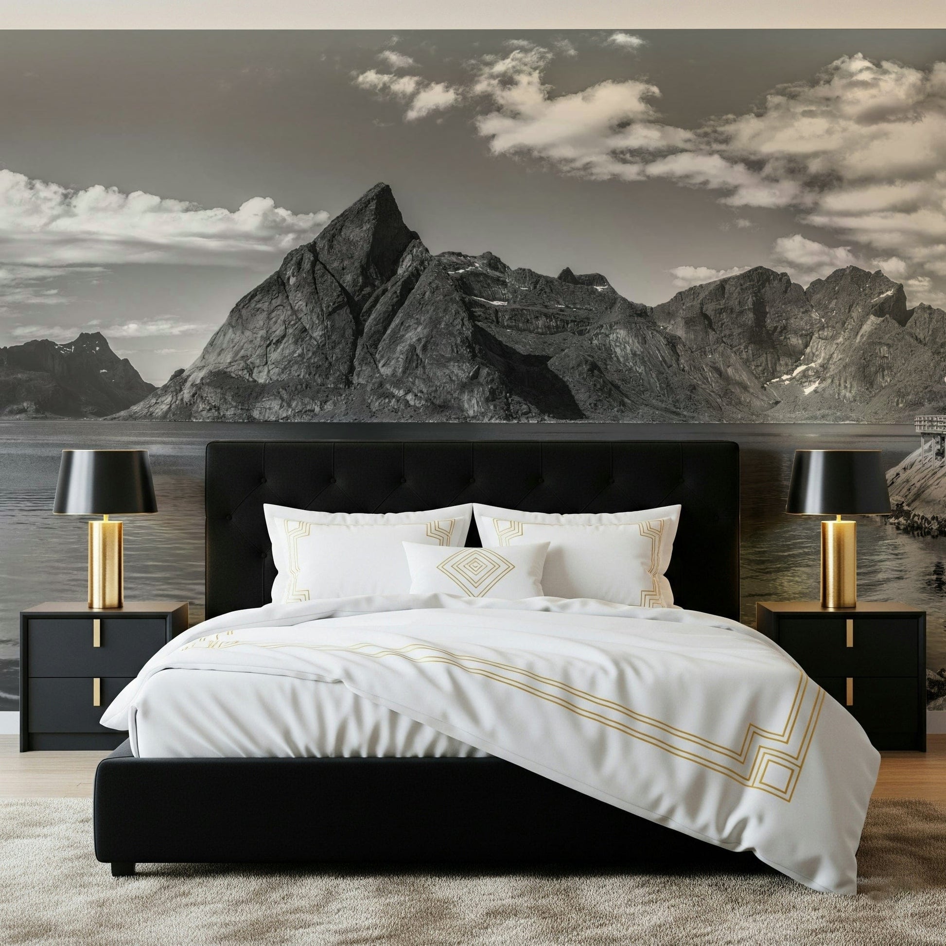Bedroom feature wall with fjord landscape mural, cool color palette, modern wall decor
