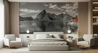 Home office feature wall mural of fjords, mountains and lake, neutral and cool colors, modern look
