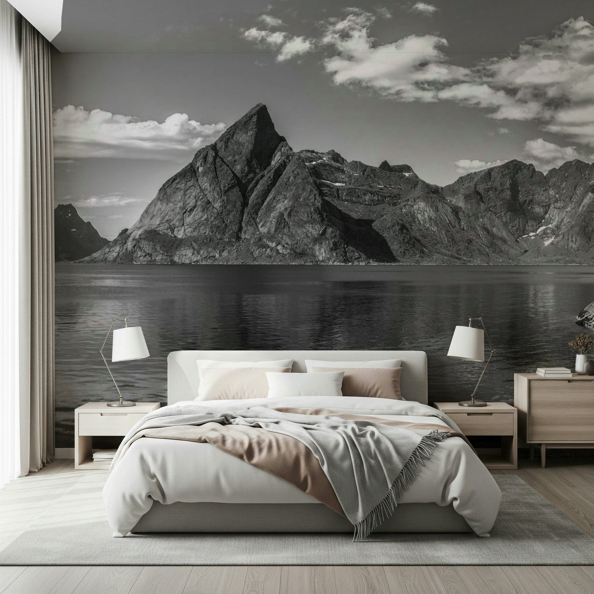Large feature wall mural showing fjord valley and water, soft color palette, modern interior