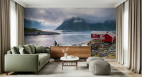 Coastal Norway mural with lush rocky terrain, calm fjord waters, and mist-wrapped mountains.