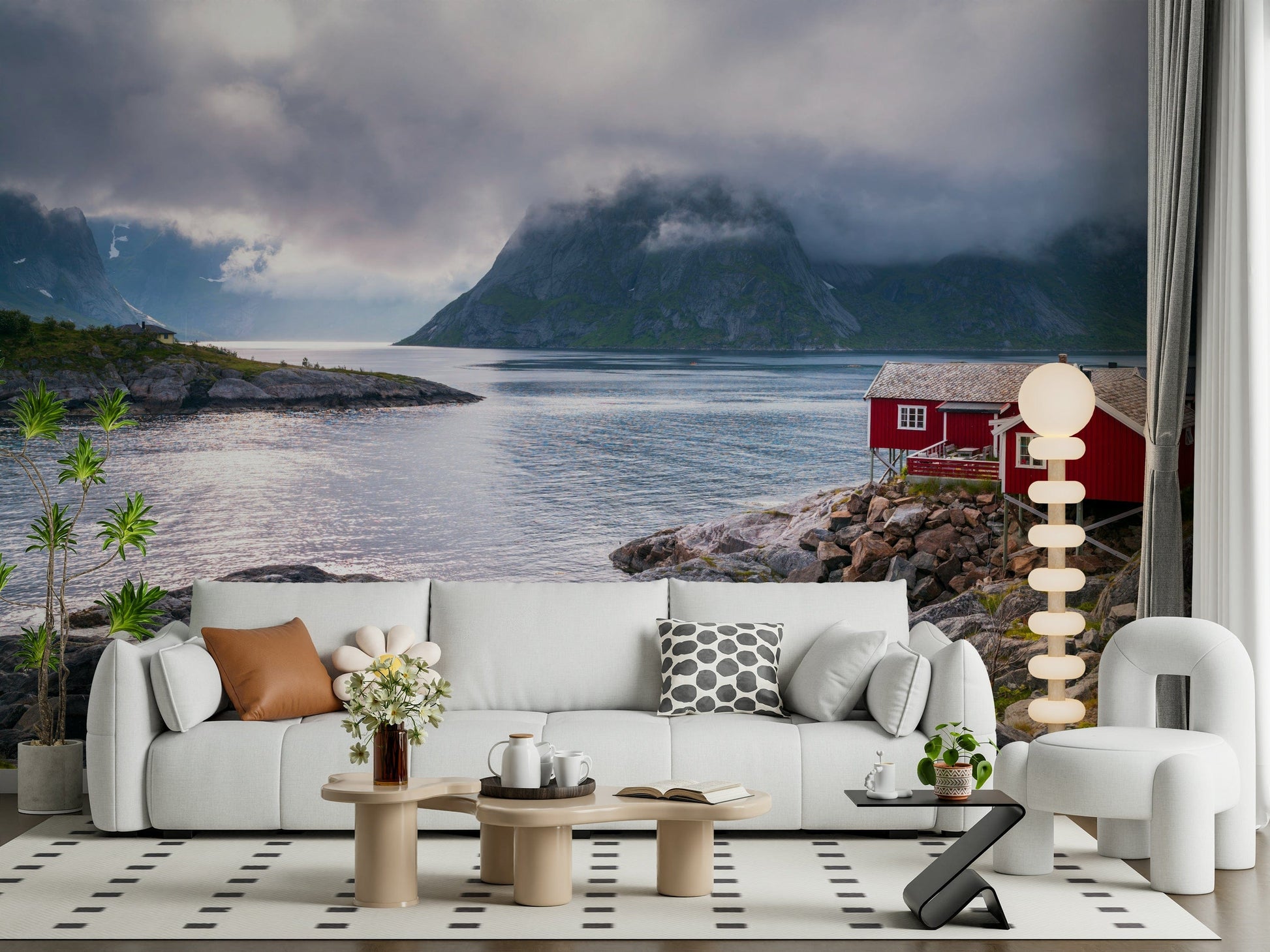 Scenic fjord mural showcasing a cozy red house perched on rocky shorelines with dramatic cloud-covered peaks.