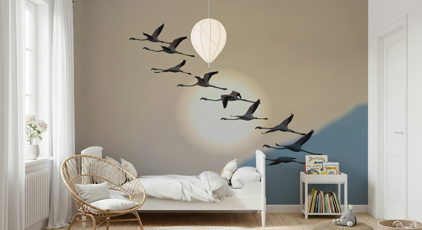 Flamingo Flight at Dusk Wall Mural — elegant, tranquil depiction of flamingos against a dusk sky.