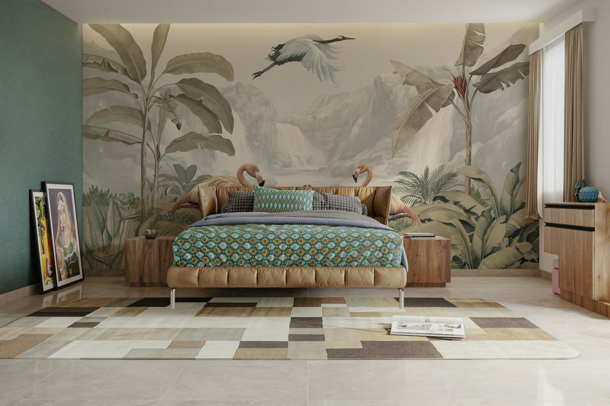 The design features a repeating pattern of soft, graceful flamingo shapes and tropical plants.


