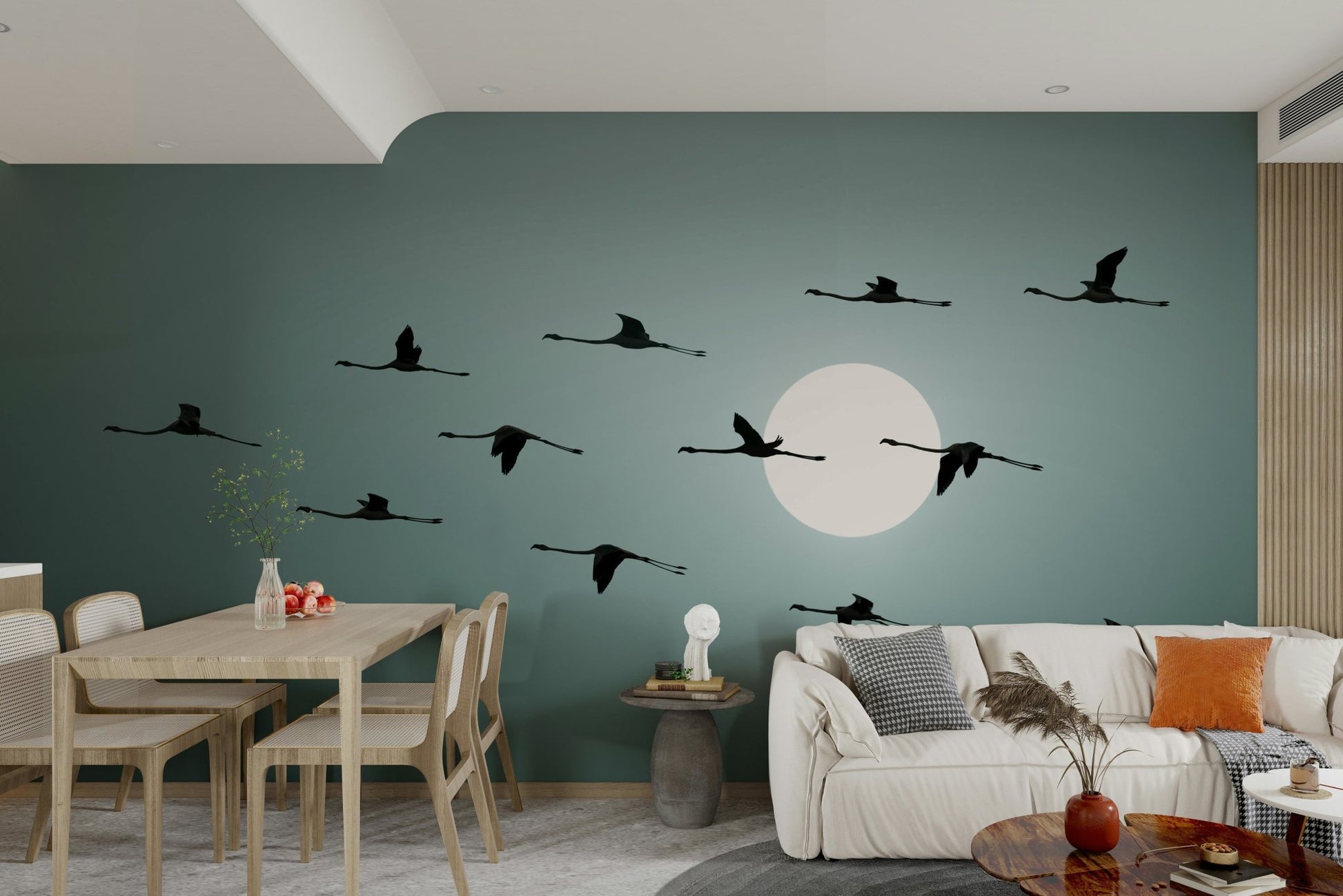 The image shows a flock of flamingo silhouettes.

