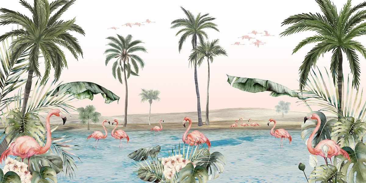 Flamingo oasis with pink background wallpaper in your room