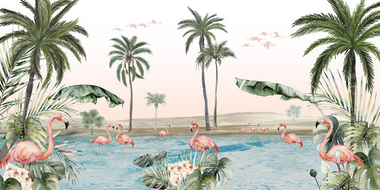 Flamingo oasis with pink background wallpaper