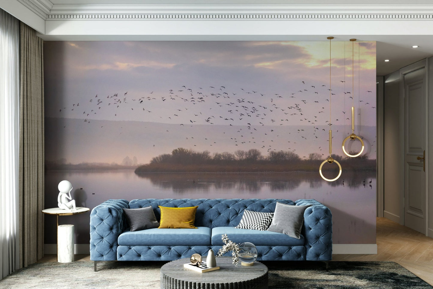 Features birds in graceful flight, silhouetted against a twilight or dusk sky.
