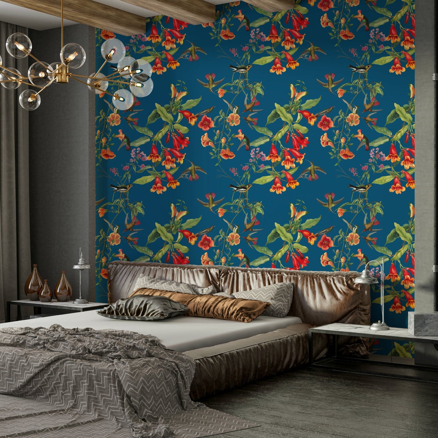 A contemplative flower and bird wallpaper mural for a feature wall.

