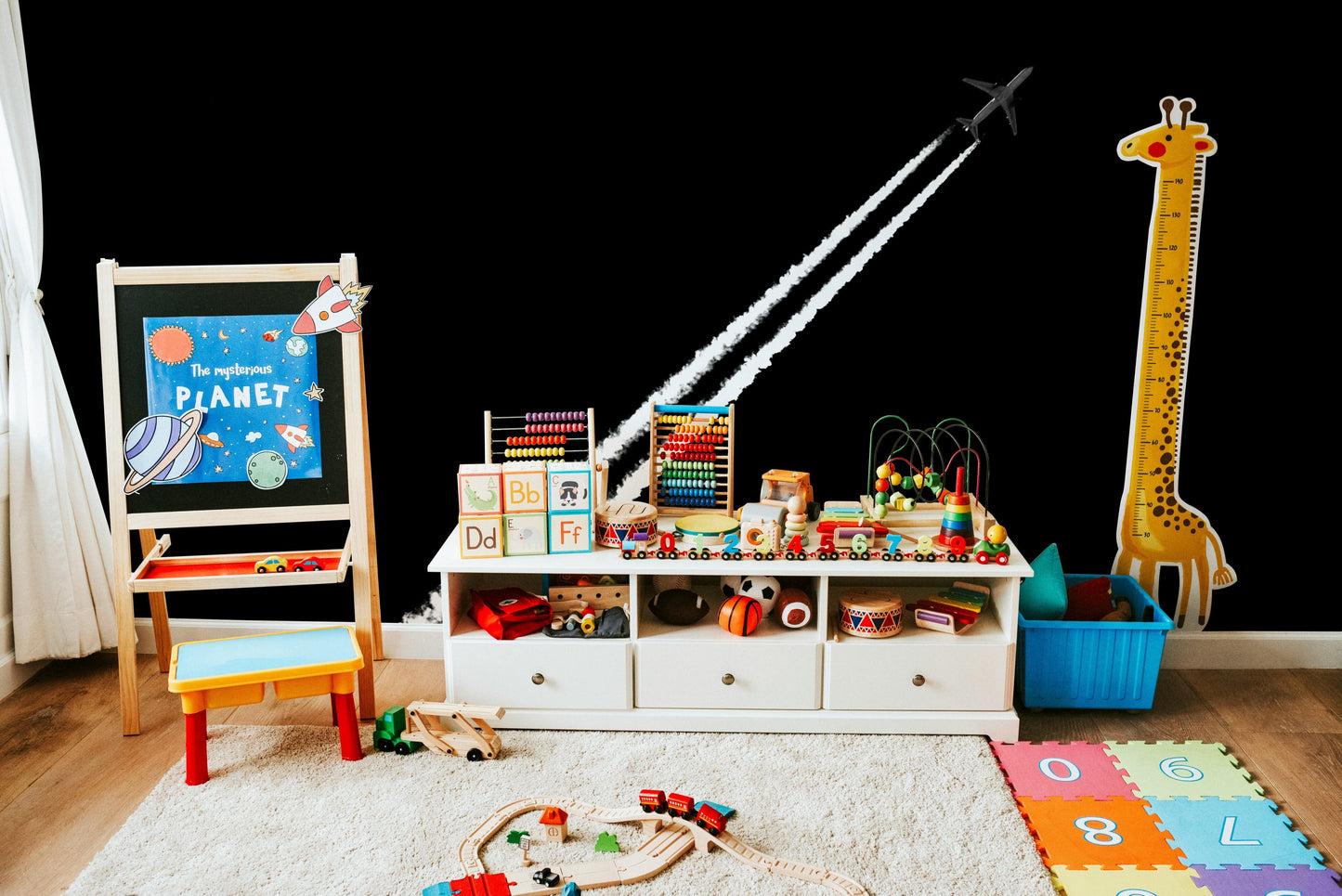 An artistic abstract mural on minimalist wallpaper.

