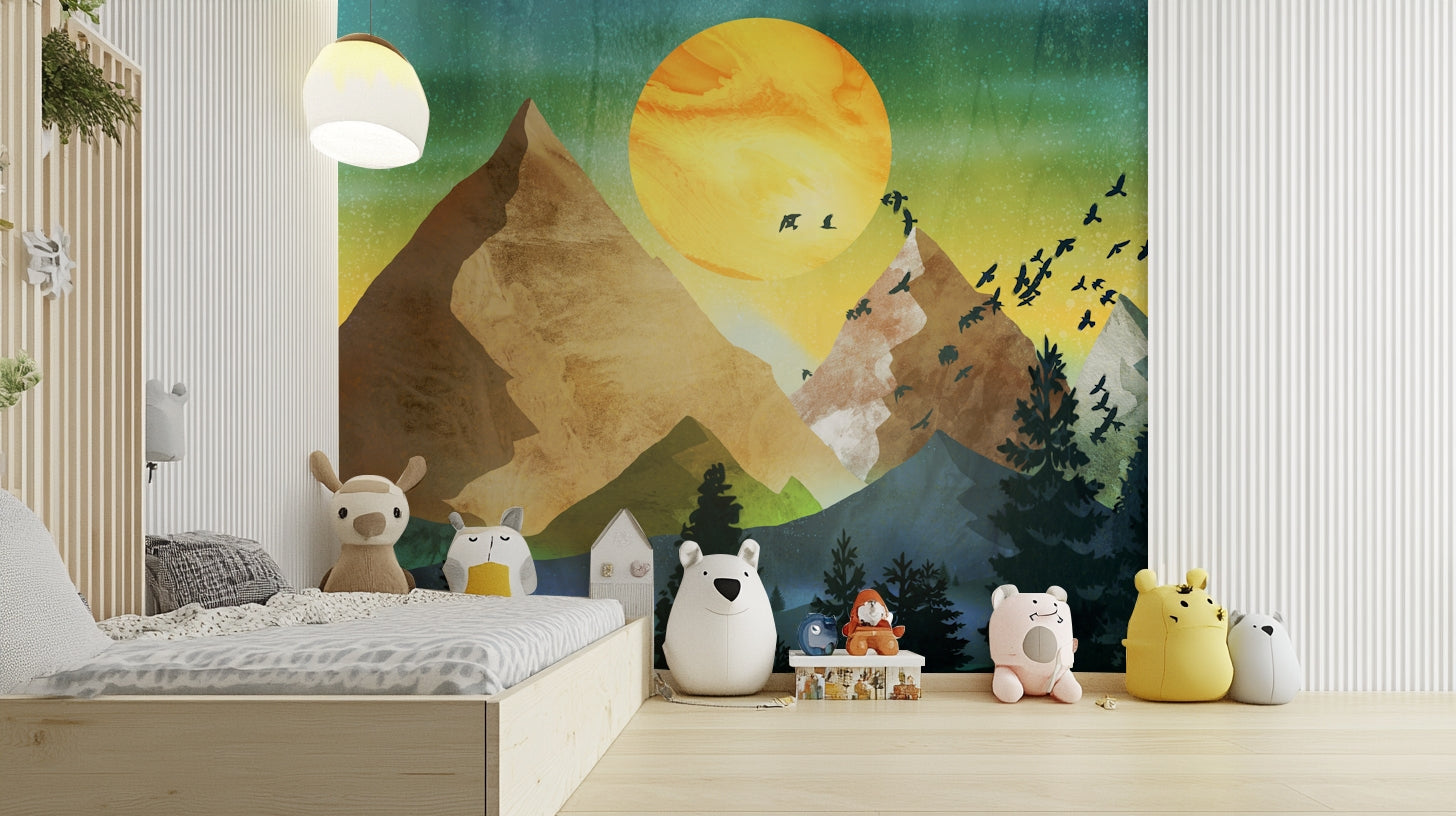 Modern landscape wallpaper with soft blue and grey color tones.