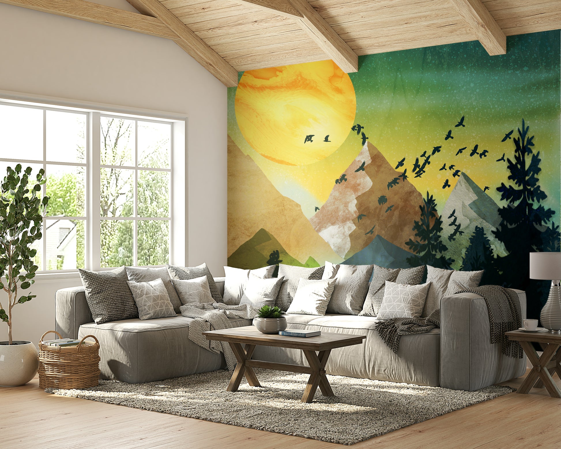 Minimalist bird silhouettes on a cloudy mountain background.