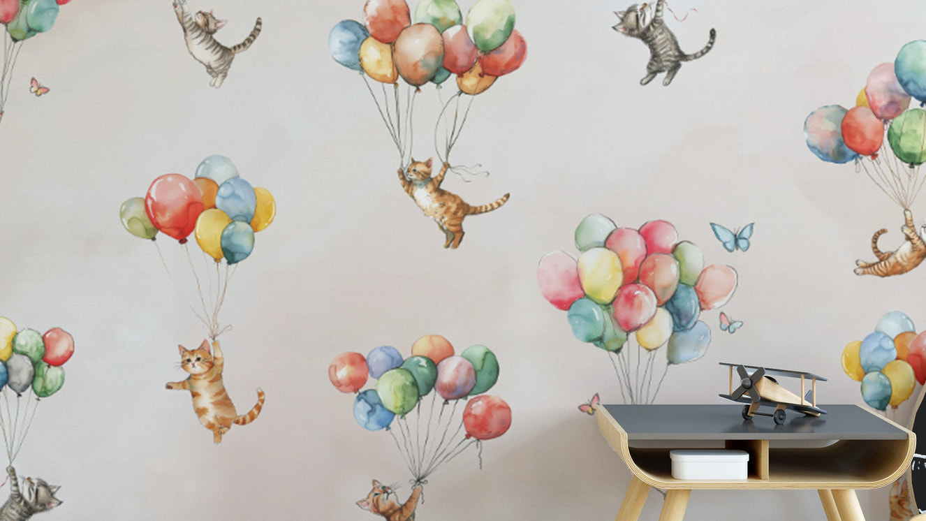 Whimsical cat floating among dreamy clouds
