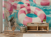 Soft blush and ivory mural creating spa-like ambiance

