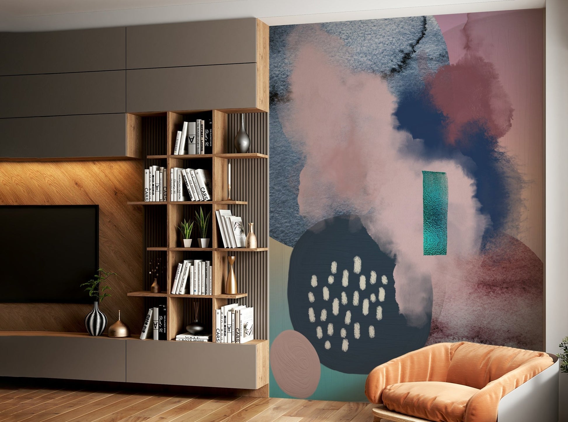 Minimalist wall mural with suspended shapes in light tones.

