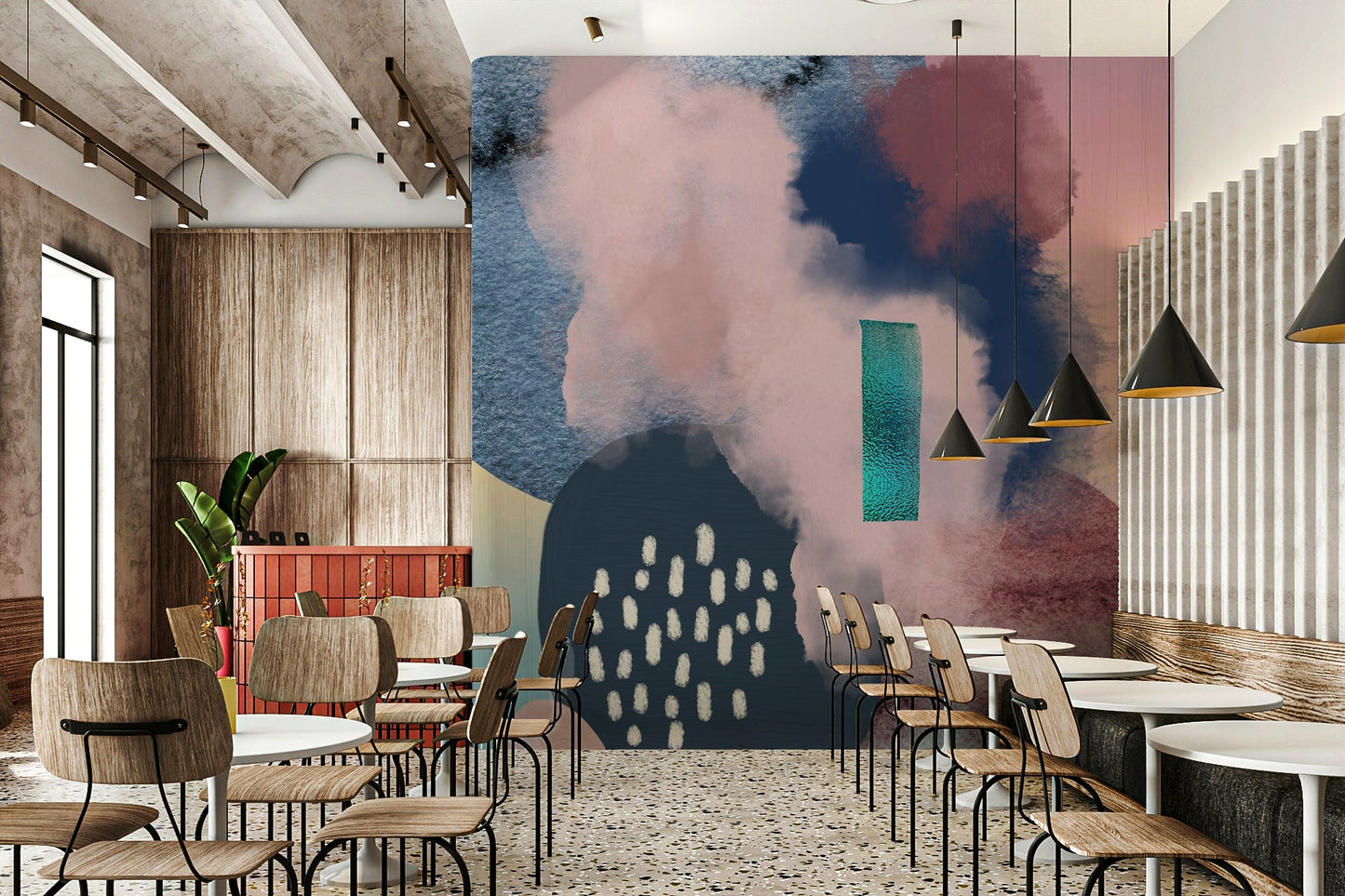 Abstract floating forms mural with soft gradients and open space.

