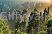 Heavenly woodland peaks, dizzying heights, serene wallpaper for walls, calming.