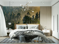 Spectacular woodland peaks print, stone monoliths, foggy dawn, captivating scene.