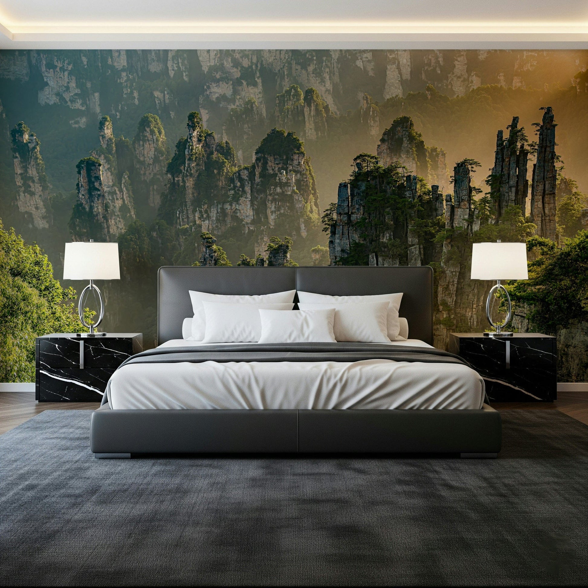 Glimmering Floating Woodland Peaks, striking verticality, natural stone color, premium.