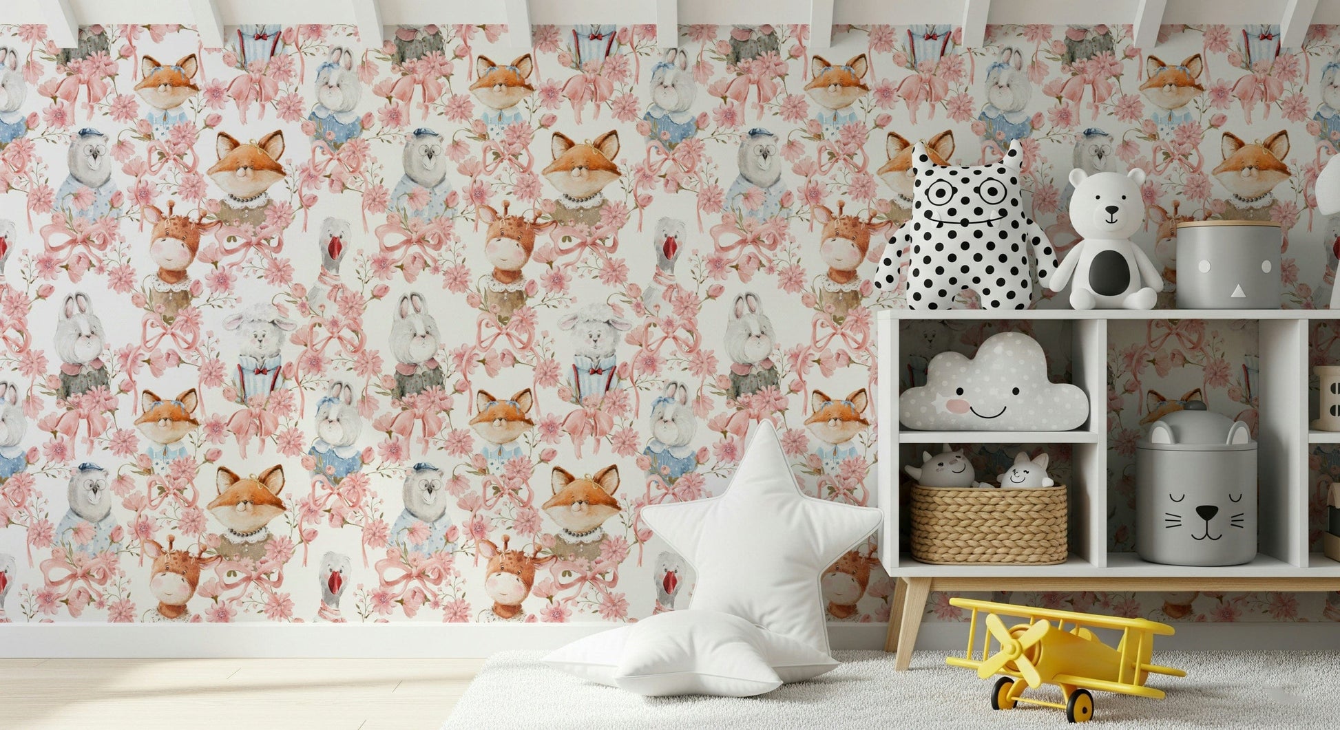 Decorative interior design children's print Floral Friends wallcovering.