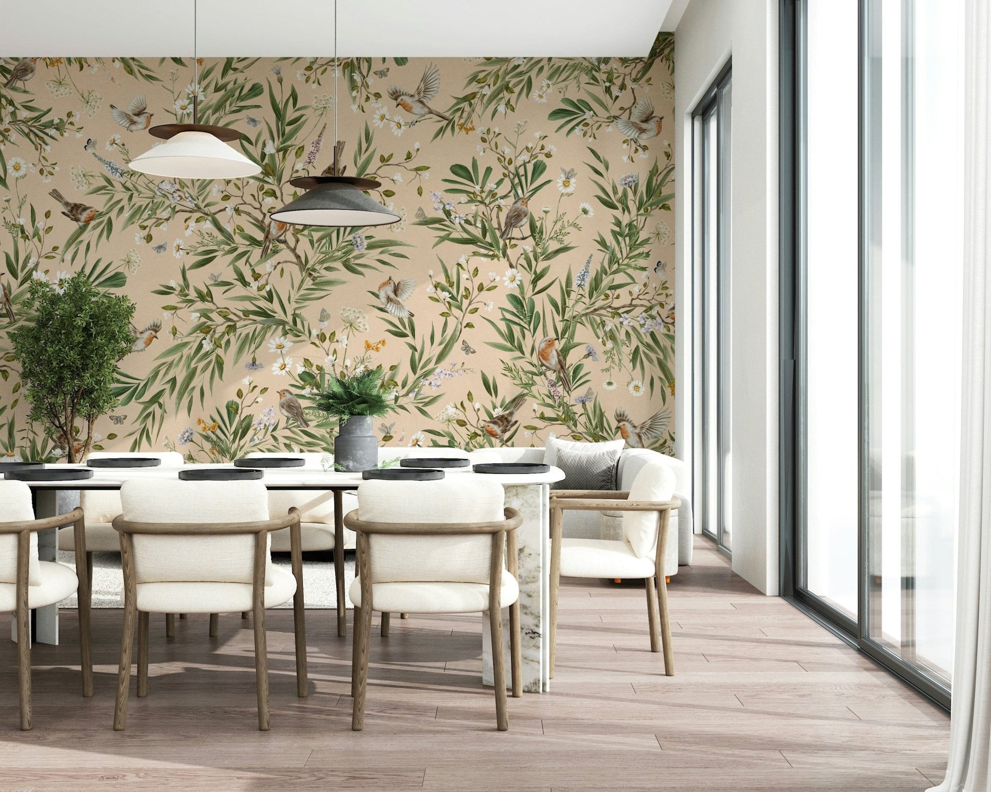 Whimsical wall mural of birds in flight over flowering garden foliage