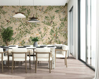 Whimsical wall mural of birds in flight over flowering garden foliage