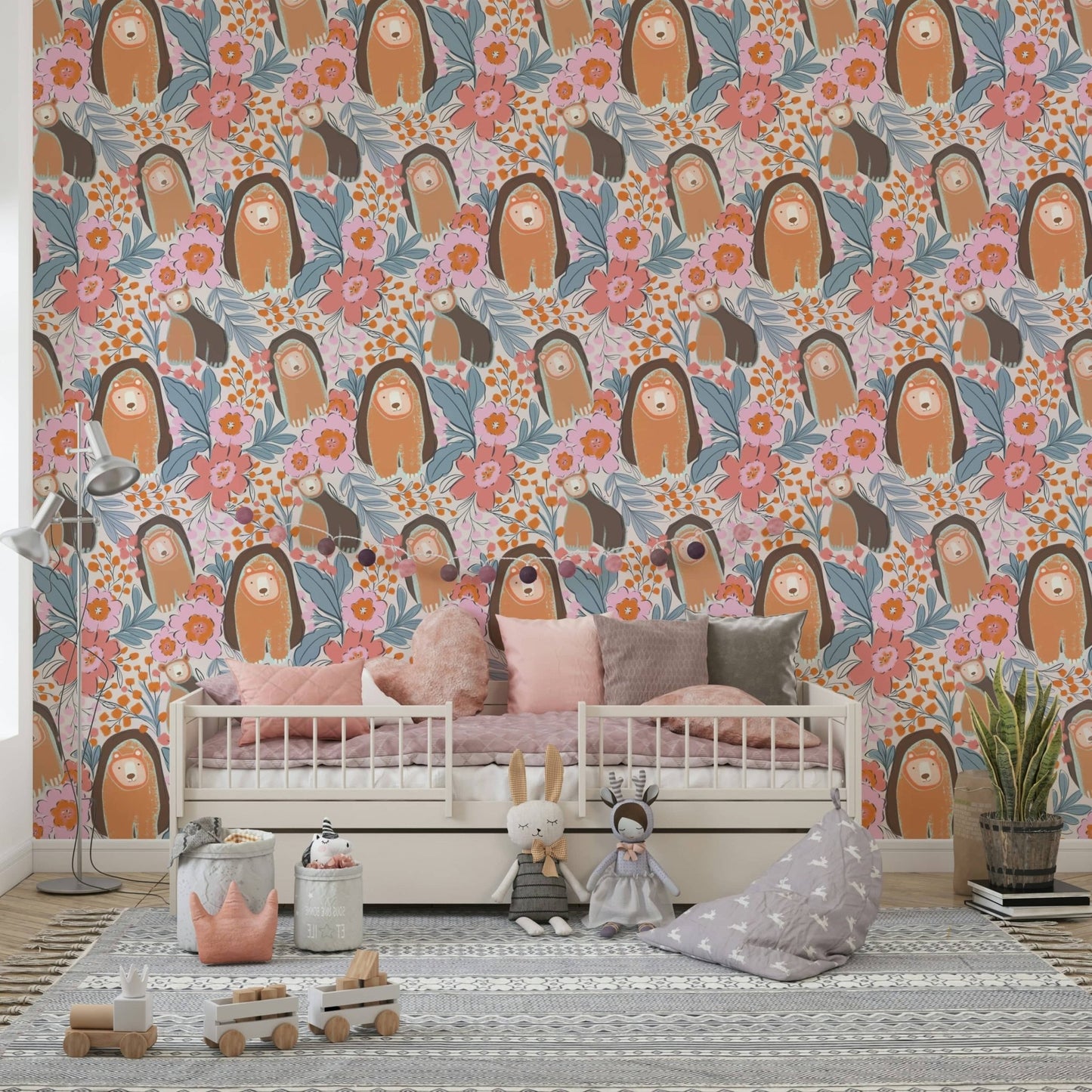 Floral Bears' Den Wallpaper in modern nursery, soft pastel color bear pattern