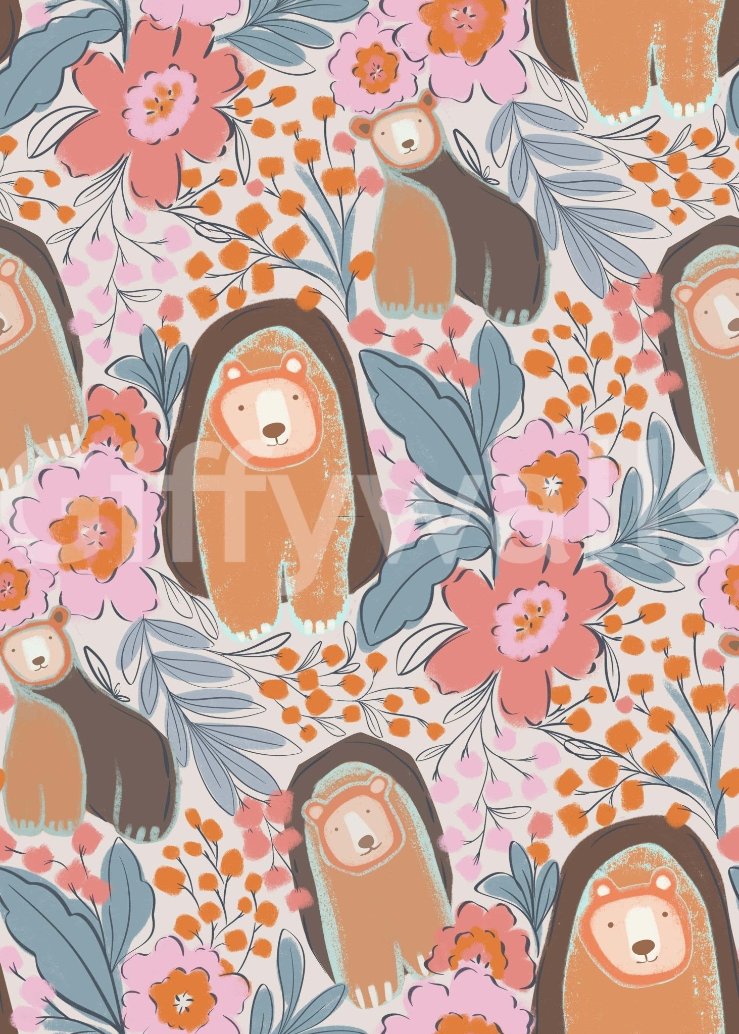 Bedroom feature wall with bear den florals, warm tan and blush color scheme