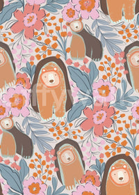 Bedroom feature wall with bear den florals, warm tan and blush color scheme