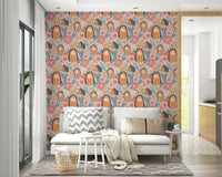 Floral bear wallpaper in kids study nook, modern pastel color wall decor