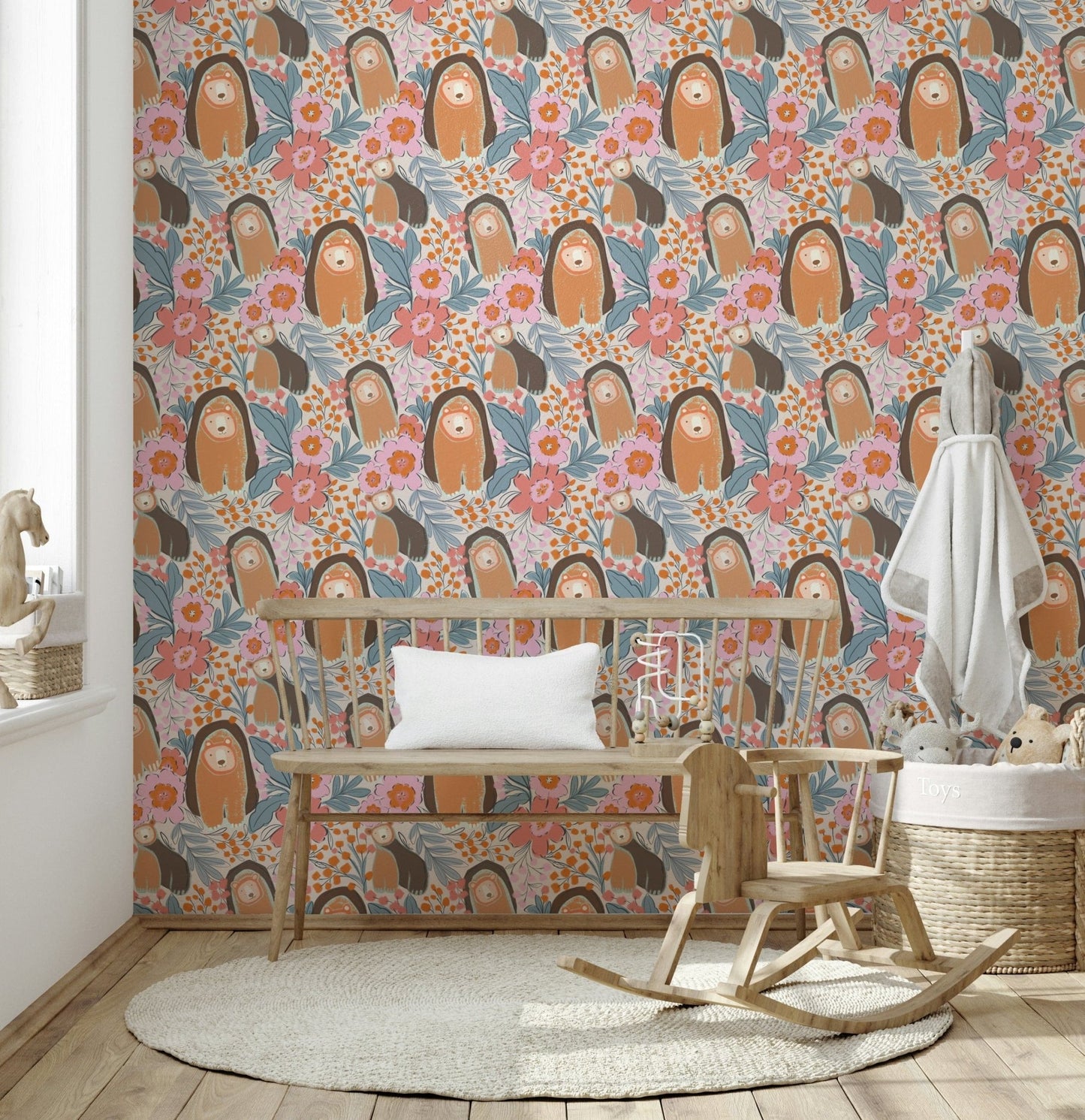 Cute bear and floral wallpaper on kids bedroom feature wall, warm neutral color