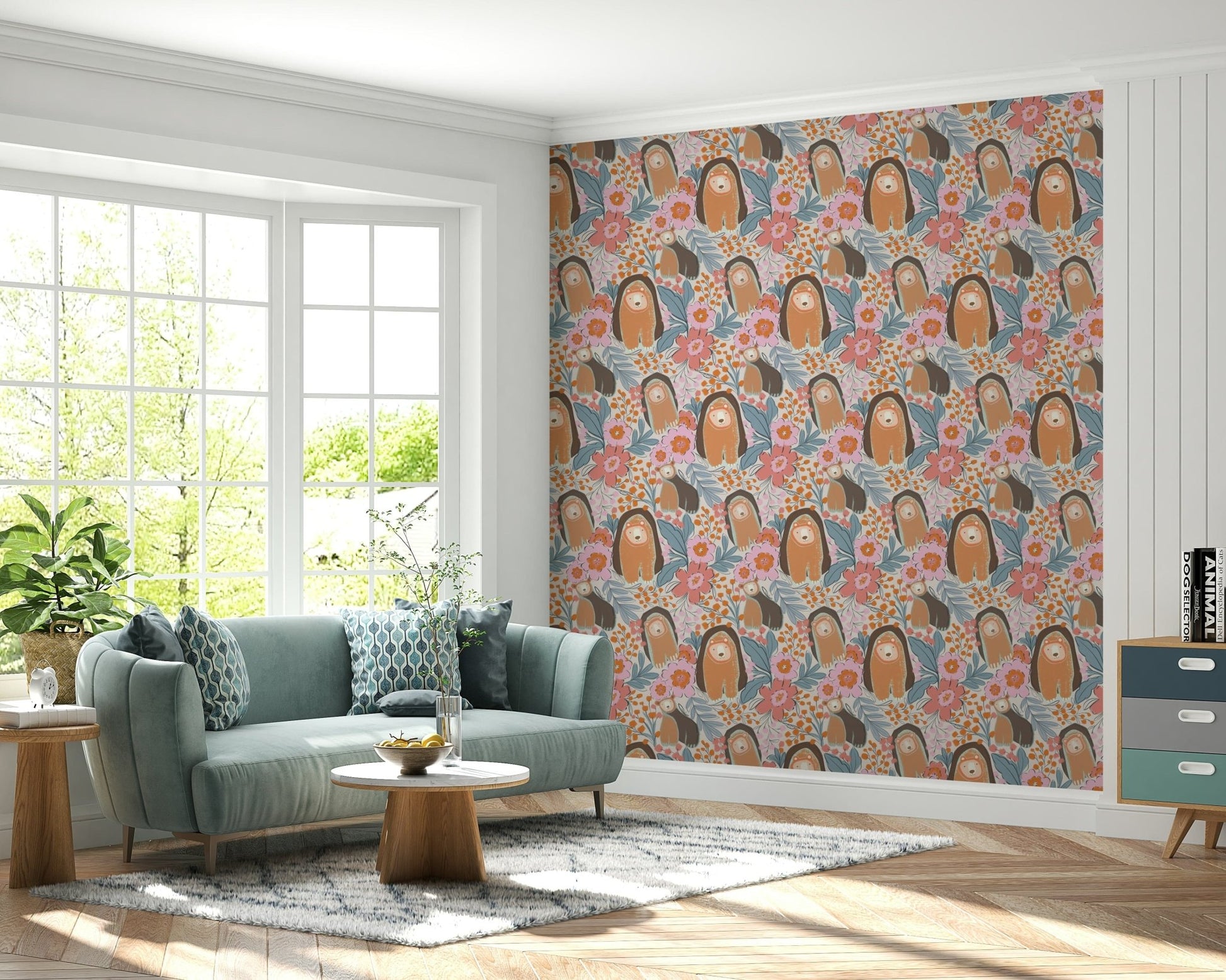 Home office feature wall with subtle bear florals, modern muted color palette