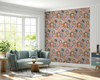 Home office feature wall with subtle bear florals, modern muted color palette